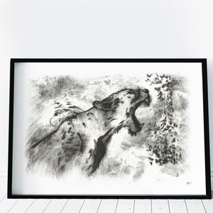 May include: A black framed print featuring a charcoal sketch of a roaring leopard. The artwork is rendered in shades of gray and black, with detailed shading and texture. The leopard's open mouth and facial expression are the focal point.