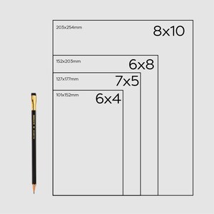 May include: A black and gold pencil next to a series of white rectangular paper sizes labeled 6x4, 7x5, 6x8, and 8x10. The paper sizes also include their metric measurements in millimeters.