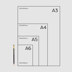 May include: A collection of four white paper sheets labeled A3, A4, A5, and A6, with dimensions in millimeters. A black and gold pencil is positioned to the left of the paper sizes. The paper sizes are arranged in descending order.