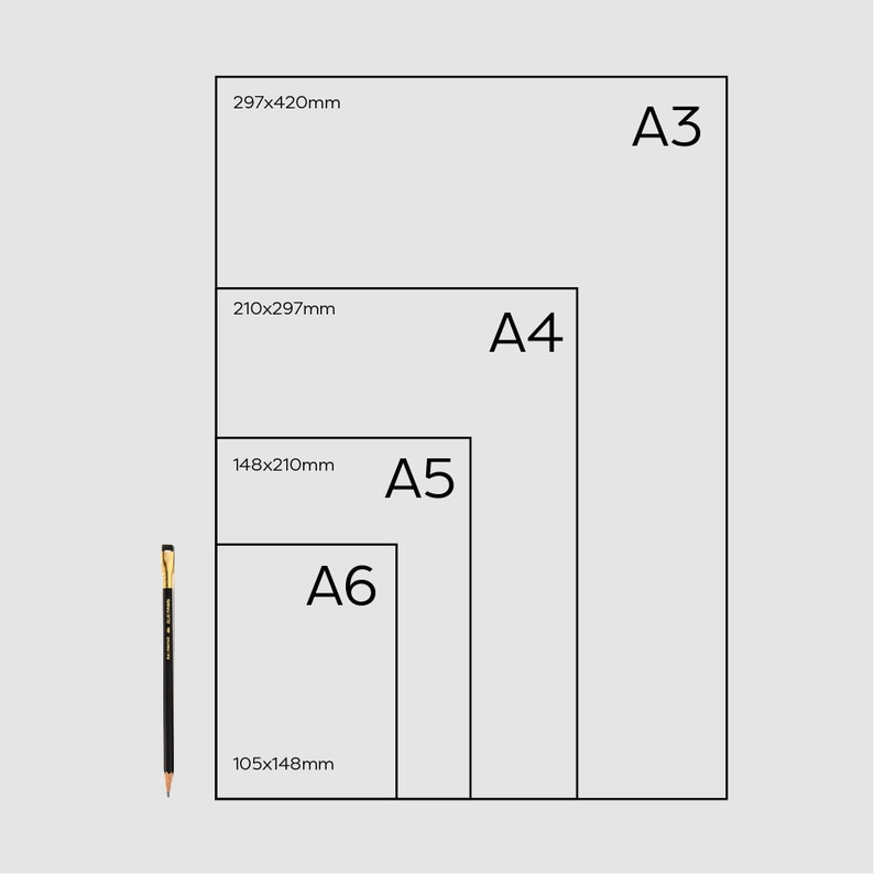 May include: A collection of four white paper sheets labeled A3, A4, A5, and A6, with dimensions in millimeters. A black and gold pencil is positioned to the left of the paper sizes. The paper sizes are arranged in descending order.