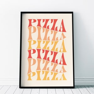 May include: A framed art print with the word "PIZZA" repeated in a stacked, wavy pattern. The word is in a retro font, with colors ranging from red to orange to yellow. The print is in a black frame.