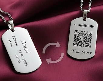 Custom Sterling Silver QR Code Tag Necklace: Engraved Voice Recording Keepsake
