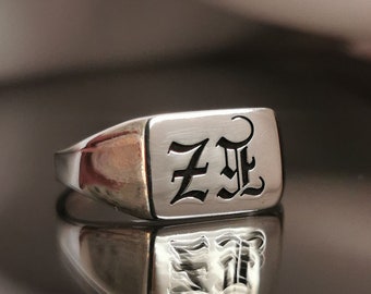 Personalized Unisex Ring • Engraved Initial Ring • Old English Ring • Custom Signet Ring • 925 Silver Square Ring • Christmas Men's Gift