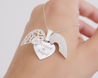 Personalized Sterling Silver Angel Wings Necklace: Engraved Heart Pendant