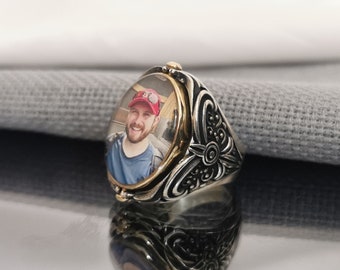 Personalized Ring for Dad • Custom Picture Ring • Memorial Photo Ring • 925 Silver Ring • Double Sided Ring • Portrait Ring • Gift Father