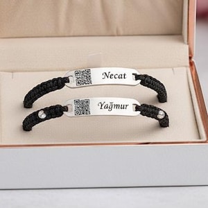 Pulsera de pareja trenzada de plata de ley con código QR personalizado
