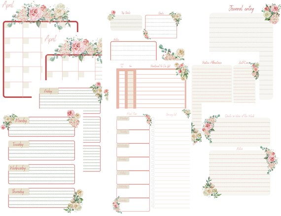 April Floral Printable Planner Pages Digital Download, Watercolor  