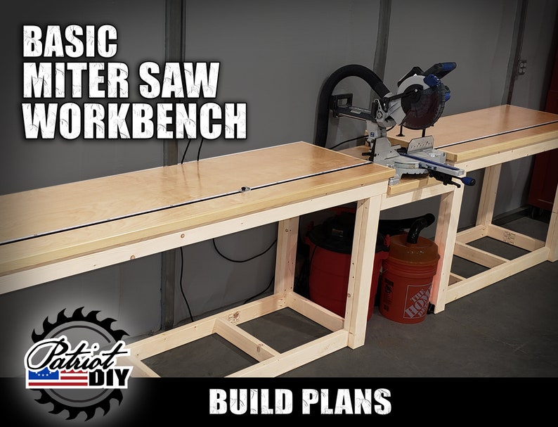 May include: A basic miter saw workbench made of wood with a miter saw mounted on top. The workbench has two shelves for storage. The text "BUILD PLANS" is visible at the bottom of the image.