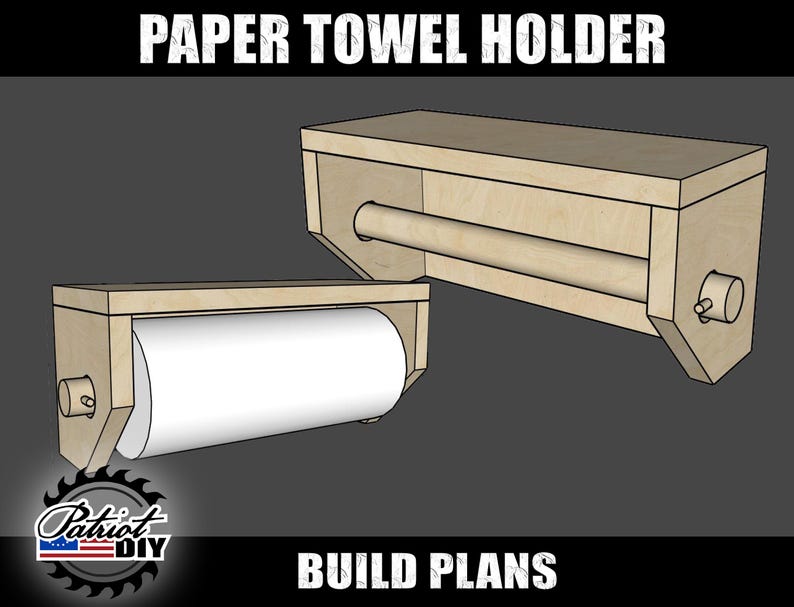 May include: A set of DIY plans for building a paper towel holder. The plans show two different styles of holders, one with a shelf and one without. The plans are from Patriot DIY.