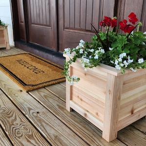 Puede incluir: Dos macetas de madera con flores rojas y blancas en un porche de madera con una alfombra de bienvenida.