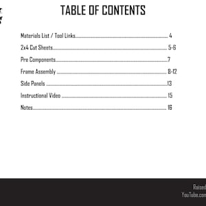 May include: A white page with the title "TABLE OF CONTENTS" in bold black text. The page lists sections including "Materials List / Tool Links," "2x4 Cut Sheets," and "Frame Assembly." The Patriot DIY logo is in the upper left corner. The YouTube channel name is at the bottom.