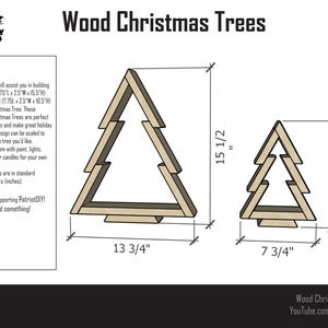 May include: Diagram showing how to build two wooden Christmas trees, one large (13.75 inches wide by 2.5 inches deep by 15.5 inches high) and one small (7.75 inches wide by 2.5 inches deep by 10.5 inches high).