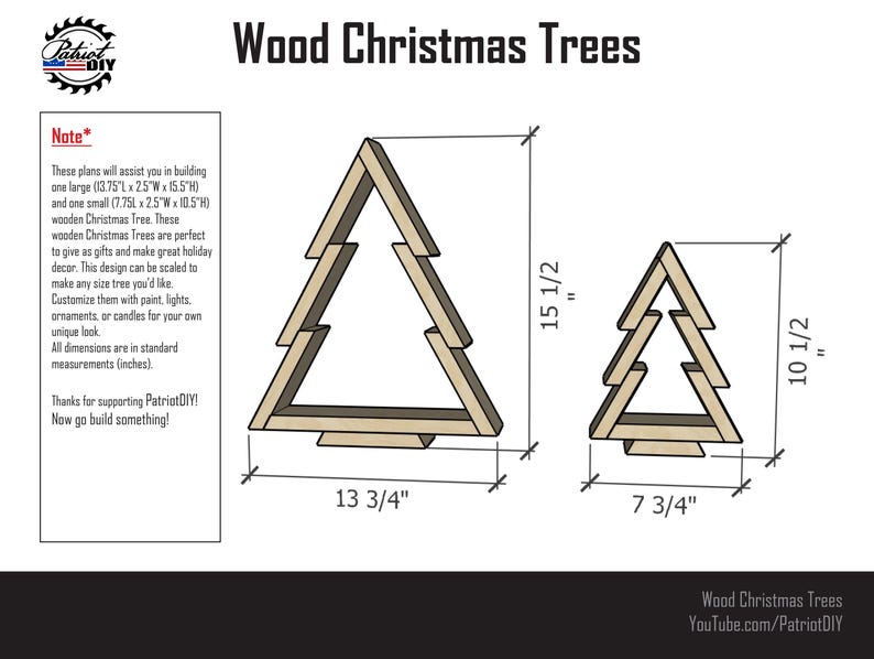 May include: Diagram showing how to build two wooden Christmas trees, one large (13.75 inches wide by 2.5 inches deep by 15.5 inches high) and one small (7.75 inches wide by 2.5 inches deep by 10.5 inches high).
