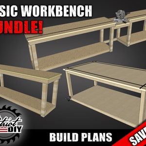 May include: Basic Workbench Bundle DIY plans. Three different workbench designs are shown: a long workbench with a shelf, a shorter workbench with a shelf, and a workbench with a shelf and a cut-out for a miter saw.  Save 25% on these plans.