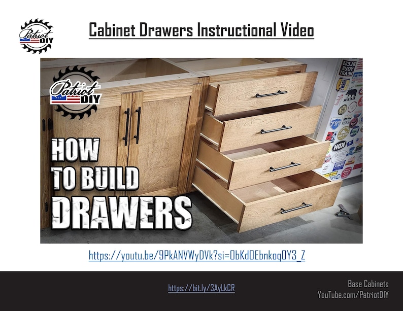 Pu&ograve; includere: Un tutorial video su come costruire cassetti per armadi. Il video mostra un primo piano di un set di cassetti in legno con maniglie nere. Il testo sull'immagine dice "Come costruire cassetti" e include un link al video su YouTube.