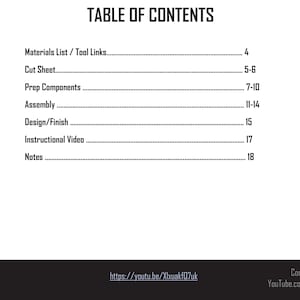 May include: A white page with a black table of contents for a DIY project. The table lists sections like Materials, Cut Sheet, Assembly, and Design. The Patriot DIY logo is in the upper left corner.