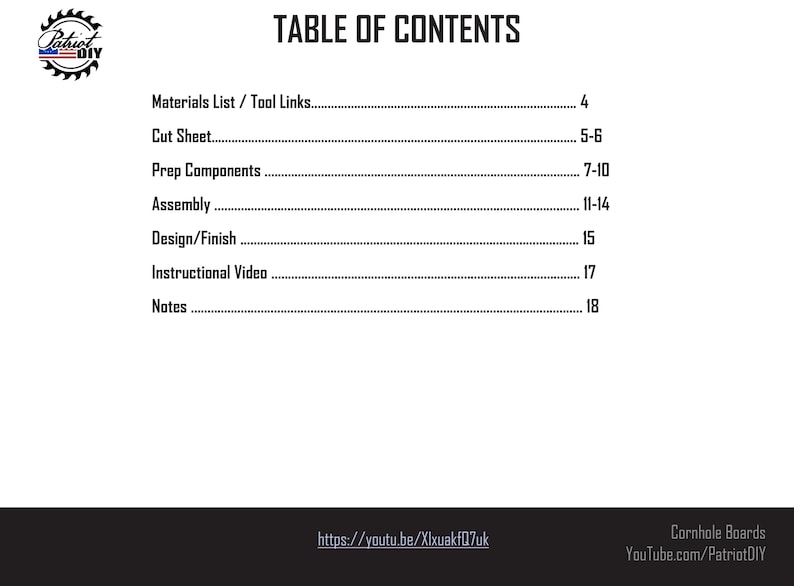 May include: A white page with a black table of contents for a DIY project. The table lists sections like Materials, Cut Sheet, Assembly, and Design. The Patriot DIY logo is in the upper left corner.