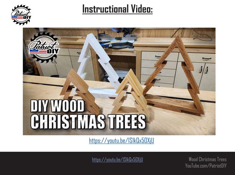 May include: Three wooden Christmas tree ornaments, one white, one light brown, and one dark brown, are displayed on a wooden surface. The trees are layered and have a simple, geometric design. The text "DIY WOOD CHRISTMAS TREES" is displayed in large, bold letters at the bottom of the image. The text "https://youtu.be/ISIkQx50XjU" is displayed below the text "DIY WOOD CHRISTMAS TREES".