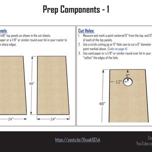 May include: Diagram of cornhole board prep components. Includes instructions for cutting top panels, 24" x 48", and cutting holes. Measurements are provided in inches. The Patriot DIY logo is in the upper left corner.