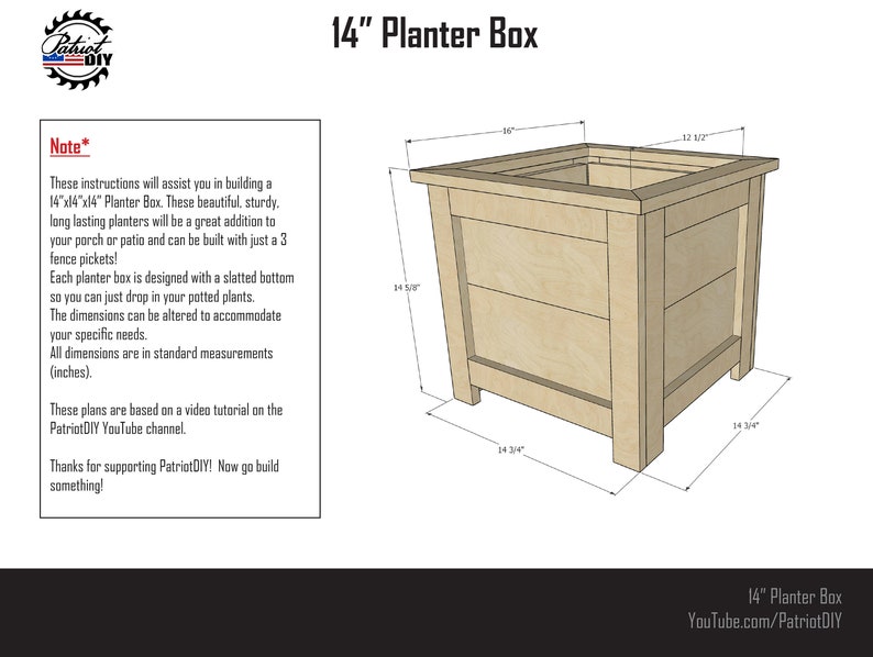 Puede incluir: Diagrama de una caja de plantaci&oacute;n de madera de 14 pulgadas con las dimensiones etiquetadas en pulgadas. La caja de plantaci&oacute;n est&aacute; hecha de madera y tiene un fondo de listones. El texto "Note*" es visible en la esquina superior izquierda de la imagen. El texto "14" Planter Box" es visible en la esquina inferior derecha de la imagen.