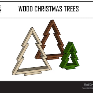 May include: Three wooden Christmas tree ornaments in different sizes. The largest tree is made of light wood, the middle tree is made of brown wood, and the smallest tree is green. The trees are all in the shape of a triangle with a star on top.