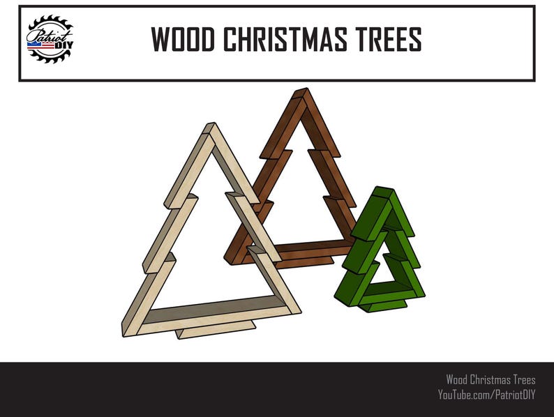 May include: Three wooden Christmas tree ornaments in different sizes. The largest tree is made of light wood, the middle tree is made of brown wood, and the smallest tree is green. The trees are all in the shape of a triangle with a star on top.