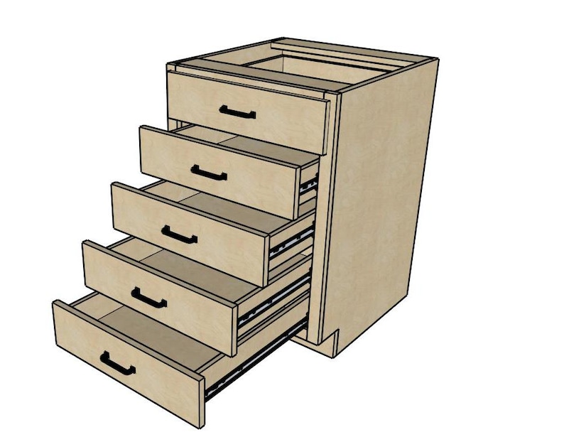 Pu&ograve; includere: Un mobile in legno chiaro con cinque cassetti. I cassetti sono aperti e rivelano l'interno del mobile. Il mobile &egrave; in legno e ha una finitura in legno chiaro.