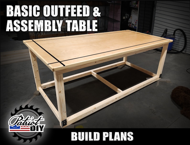 May include: A basic outfeed and assembly table made of wood with a plywood top. The table has a simple design with a rectangular frame and a single shelf. The table is shown in a workshop setting.