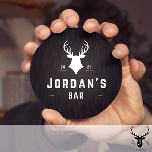 Personalised Home Bar Wooden Coasters, Stag Design, Pub Beer Mats, Custom Name Coasters, Gifts for Him, Man Cave AJN01