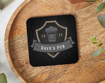 Custom Name Beer Mat: Shield Design, Man Cave Decor, Home Pub Coaster