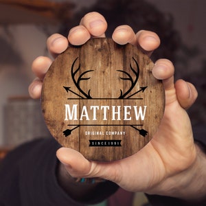 Personalised Home Bar Wooden Coasters, Antler Hunting Design, Pub Beer Mats, Custom Name Coasters, Man Cave, Father's Day AJN03