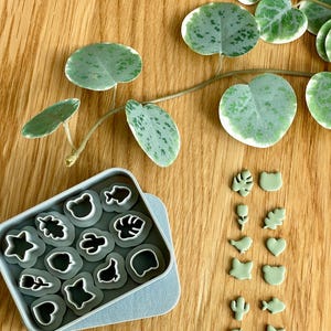 May include: A set of twelve white plastic cookie cutters arranged in a rectangular grey storage container, accompanied by twelve matching light green clay shapes in the form of leaves, animals, hearts, stars, and flowers.