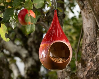 Red Fall - Handmade Ceramic Stoneware Hanging Teardrop Bird Feeder (Frost Resistant)