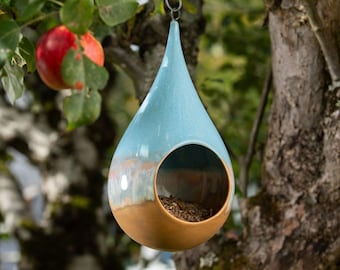 Blue Quartz - Handmade Ceramic Stoneware Hanging Teardrop Bird Feeder (Frost Resistant)
