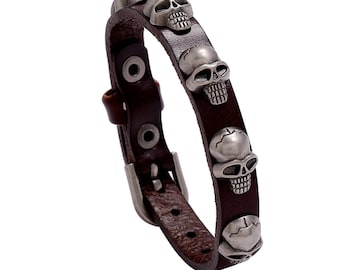 Black Silver Gothic Skull Charm Cuff TEMEGO Jewelry Leather Braided Rope Bracelet 