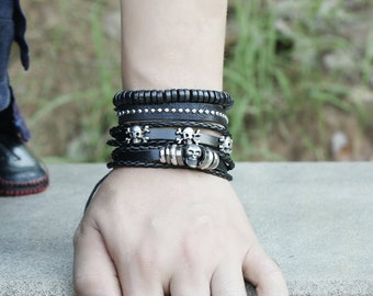 KOREA-JIAEN Men Braided Leather Bracelets Antifatigue Skull Titanium Punk Bangle with Magnetic Clasp KOREA-JIAEN Men Braided Leather Bracelets Antifatigue Skull Titanium Punk Bangle with Magnetic Clasp