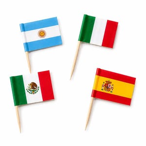 May include: Four miniature flag cocktail sticks featuring the national flags of Argentina, Italy, Mexico, and Spain. Each rectangular paper flag is attached to a pointed wooden pick, displaying the distinct colours and emblems of each respective country.