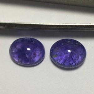 Könnte beinhalten: Zwei ovale, violette Edelsteine mit einem hellen, klaren Zentrum. Die Edelsteine sind glatt und poliert.