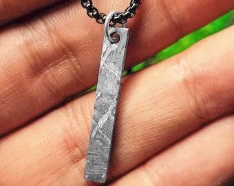 Iron Meteorite Necklace, Widmanstätten Pattern Dog Tag Pendant, 5x30x2mm Genuine Space Jewelry Gift for Men and Women