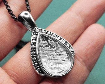 Widmanstätten Pattern Iron Meteorite Necklace, Rectangular Space Pendant, Handcrafted Celestial Gift