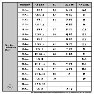 K&ouml;nnte beinhalten: Ringgr&ouml;&szlig;en-Umrechnungstabelle mit Durchmessern in mm, US & CA, EU, UK & AU und CN & HK Gr&ouml;&szlig;en. Enth&auml;lt Ringdurchmesser von 16,5 mm bis 23,0 mm, mit entsprechenden EU-Gr&ouml;&szlig;en von 52 bis 70.