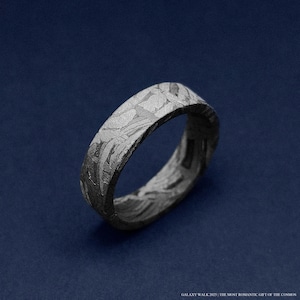 K&ouml;nnte beinhalten: Nahaufnahme eines strukturierten, dunkelgrauen Rings mit einem einzigartigen Muster. Der Ring ist vor einem dunkelblauen Hintergrund platziert. Der Text unten lautet "GALAXY WALK 2025 | THE MOST ROMANTIC GIFT OF THE COSMOS."