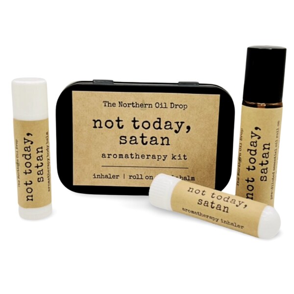 Not Today, Satan Aromatherapy Kit with Essential Oil Roller, Inhaler & Balm Stick | Travel and Gift Set | Calming Grounding Anxiety Stress