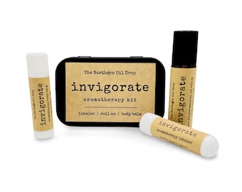 Invigorate Aromatherapy Kit with Essential Oil Roller, Inhaler & Balm Stick | Travel Gift Set | Focus | Mental Clarity | ADD ADHD Support