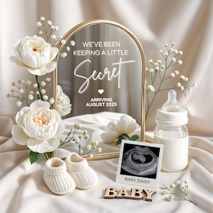 Mirror Pregnancy Announcement Digital, Spring Baby Announcement, Gender Reveal Ideas, Baby Arrival Sign, Digital Pregnancy, Canva Template