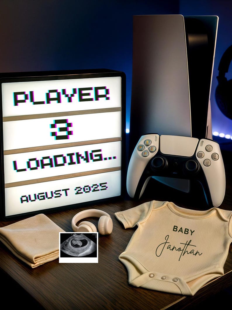 Gamer Themed Baby Announcement Sign Player 3 Loading Editable Canva Template, Console Gamer Theme, Digital Pregnancy Announcement, Baby News
