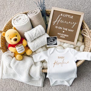 Winnie the Pooh Schwangerschaftsankündigung, digitale Baby-Enthüllungsvorlage, bearbeitbar geschlechtsneutral für soziale Medien, kleine Hunny auf dem Weg