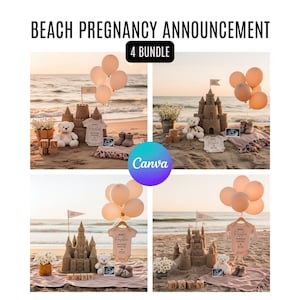 Bundel strandzwangerschapaankondiging (4 foto's) • Sandcastle & Sunset Baby Reveal • Bewerkbare canvassjabloon • Direct downloaden