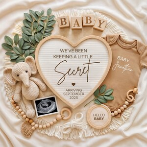 Plantilla de Canva para anuncio de bebé de género neutro, revelación de bebé en redes sociales, plantilla editable de Canva para decoración bohemia, género del bebé, elefante adorable