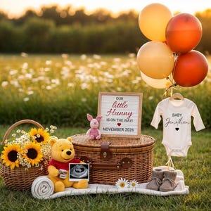 Winnie the Pooh Schwangerschaftansage, digitale Pooh-Bär-Babyansage, bearbeitbare Social-Media-Vorlage, geschlechtsneutrale Enthüllung, kleine Hunny